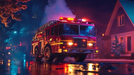 A fire truck responding to an emergency at night, illuminated by flashing lights amidst a smoky backdrop.