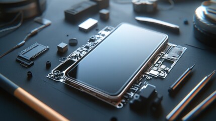 A disassembled smartphone surrounded by various electronic components and tools.