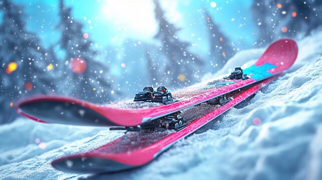 Winter adventure: red skis on snowy mountain with sparkling snowflakes