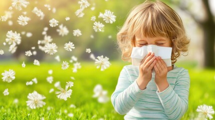 World asthma day awareness with child sneezing in blooming nature scene