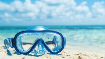 A blue snorkeling mask rests on the sandy beach with a clear ocean in the background.