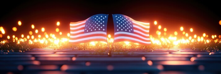 American flags illuminated with glowing lights in a spectacular night display