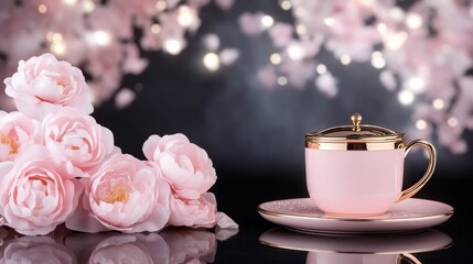 Fototapeta premium Elegant pink teacup and delicate roses with soft bokeh background