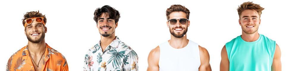 Fototapeta premium Portrait of smiling young man in beachwear set isolated Png, transparent without background.