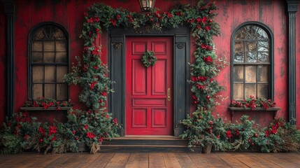 Festively decorated red door with greenery and holiday accents.