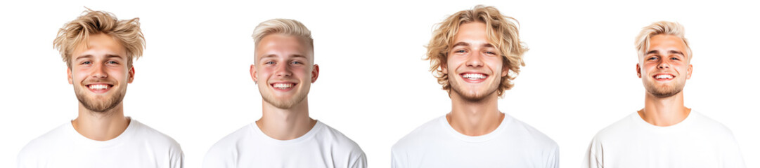 Portrait of smiling young man with blonde hair set isolated Png, transparent without background.