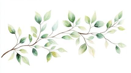 Fototapeta premium Watercolor illustration of a delicate green leaf branch on a white background.