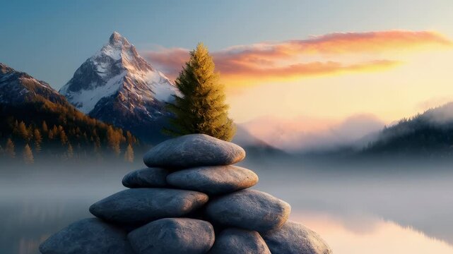Serene Sunset Landscape Stone Stack, Tree, and Majestic Mountains in Nature