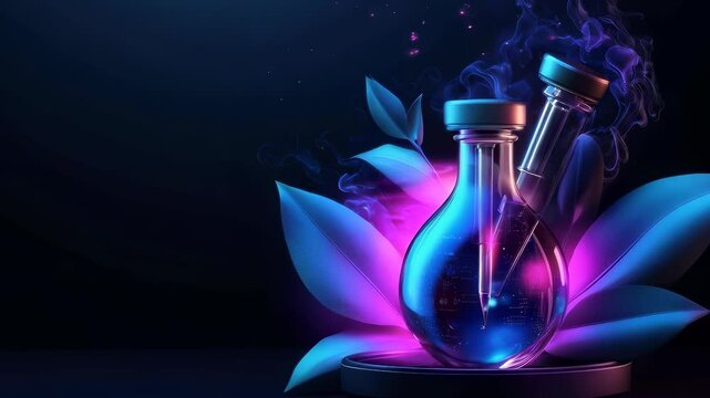Colorful Laboratory Glassware Featuring Glowing Plants and Smoke Effects in Vibrant Display