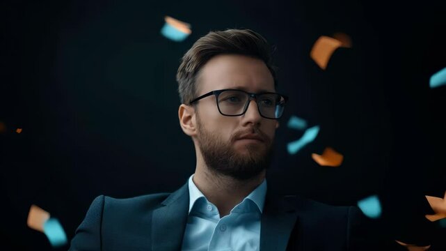 Serious focused man in glasses surrounded by colorful confetti exuding confidence in portrait.