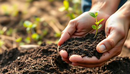 World Pollution Prevention Day. Hands holding soil with plant. Save earth concept. Suitable for marketing or business purposes. Panoramic banner with place for text