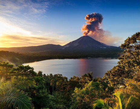 Magnificent Volcano Erupting in the Distance, Towering Over a Lush Tropical Forest and a Serene Lake, Captured at Sunrise for a Stunning Nature Landscape Scene