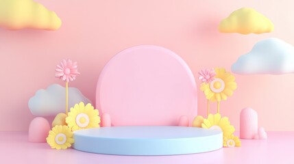 3D rendered adorable podium design in soft pastel hues for showcasing products