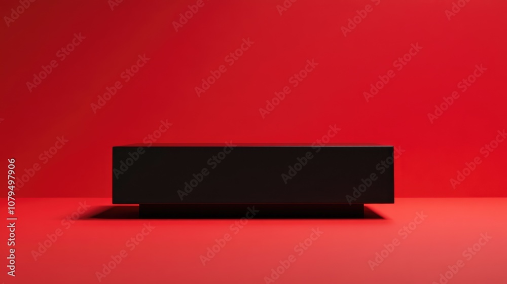 Poster 3D rendering of a black rectangular pedestal set against a red background