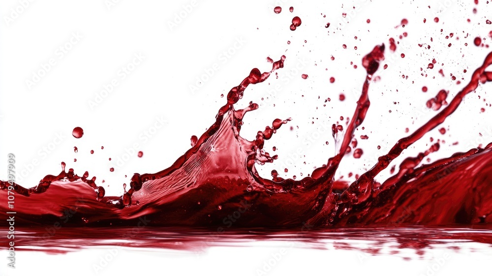 Poster dynamic red wine splash with droplets captured against a clean white background