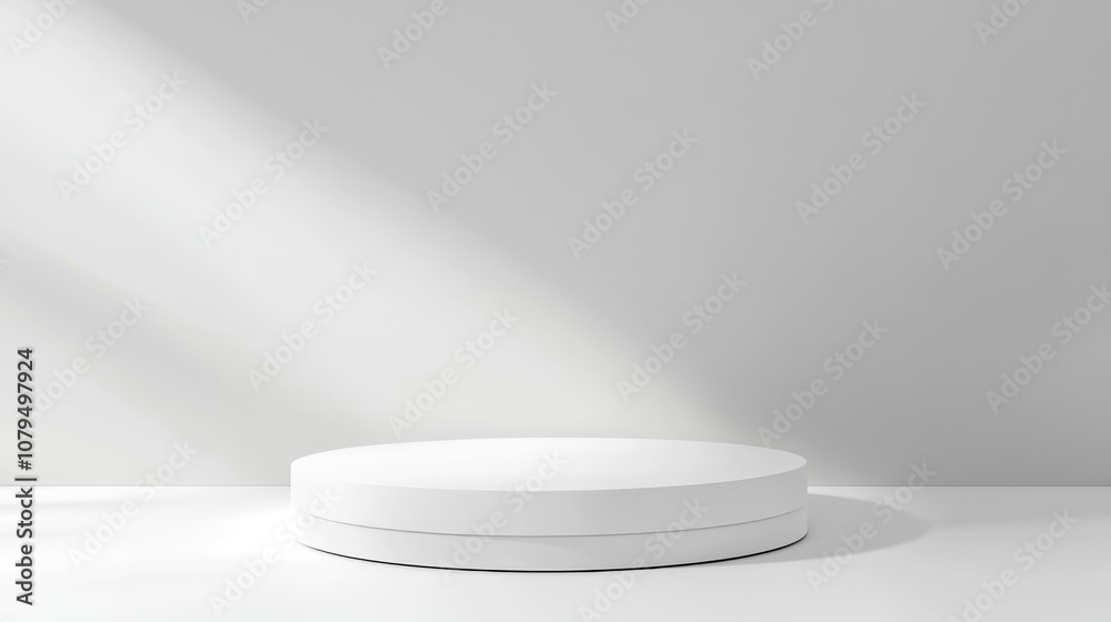 Poster Empty podium or pedestal on a white background featuring a cylindrical display Blank product shelf backdrop 3D rendering