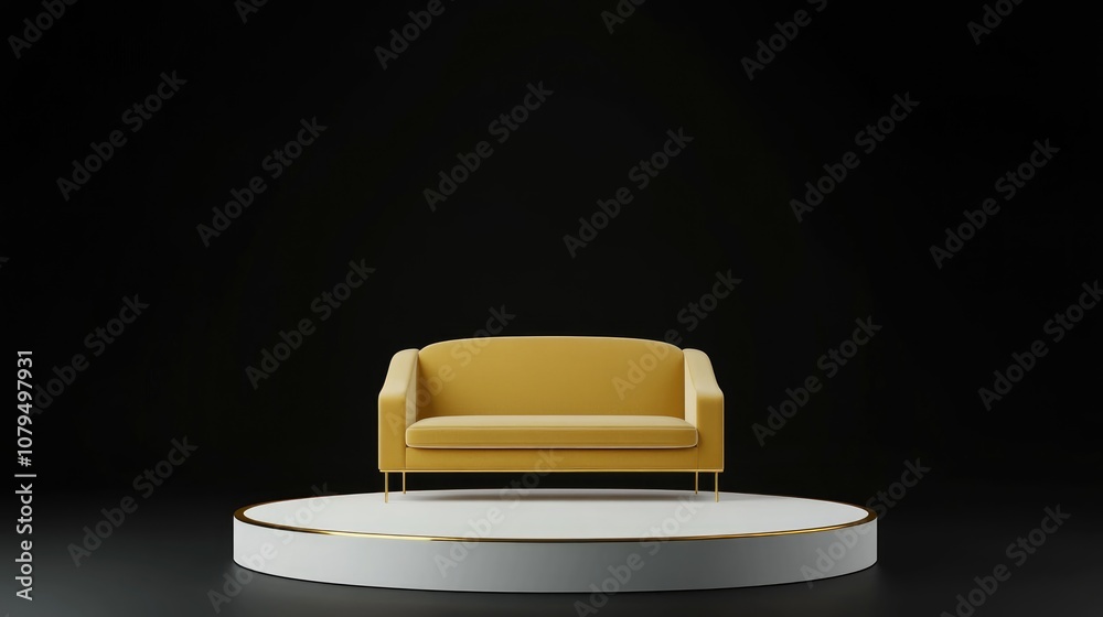 Poster yellow sofa alongside a white podium with gold trim set against a blank black background 3d renderin