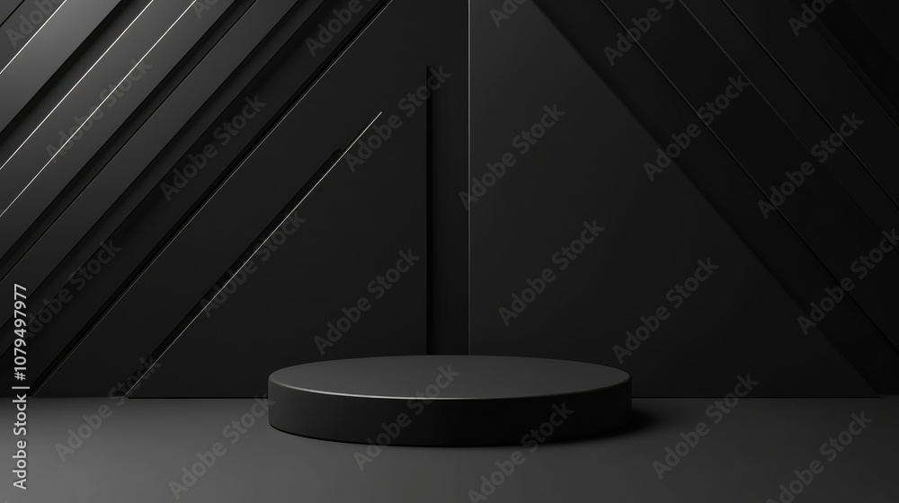 Aufkleber dark black 3d background featuring geometric shapes and a podium on the floor creating an abstract c