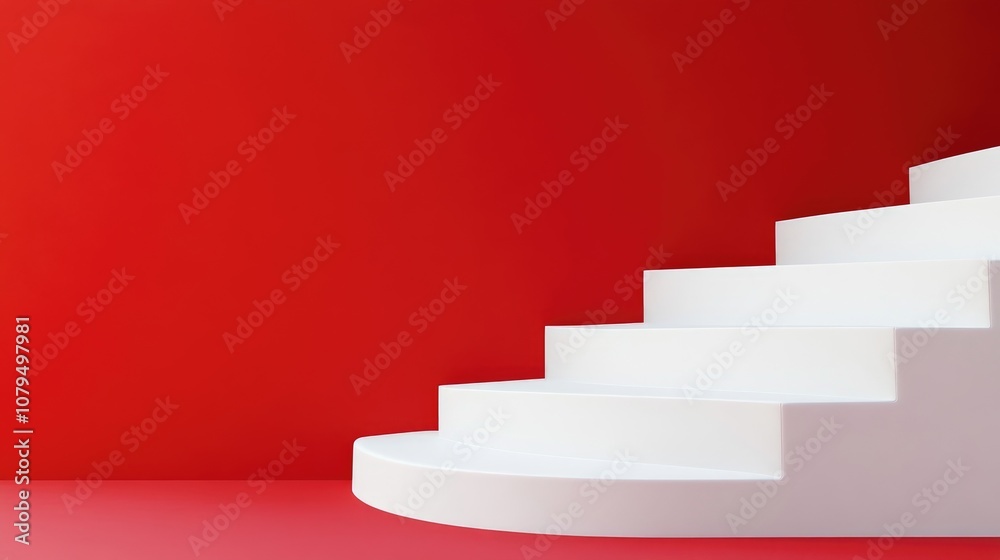 Poster 3D rendering of a close up view of a blank white pedestal featuring a stair design symbolizing a pathway to success set against a red background