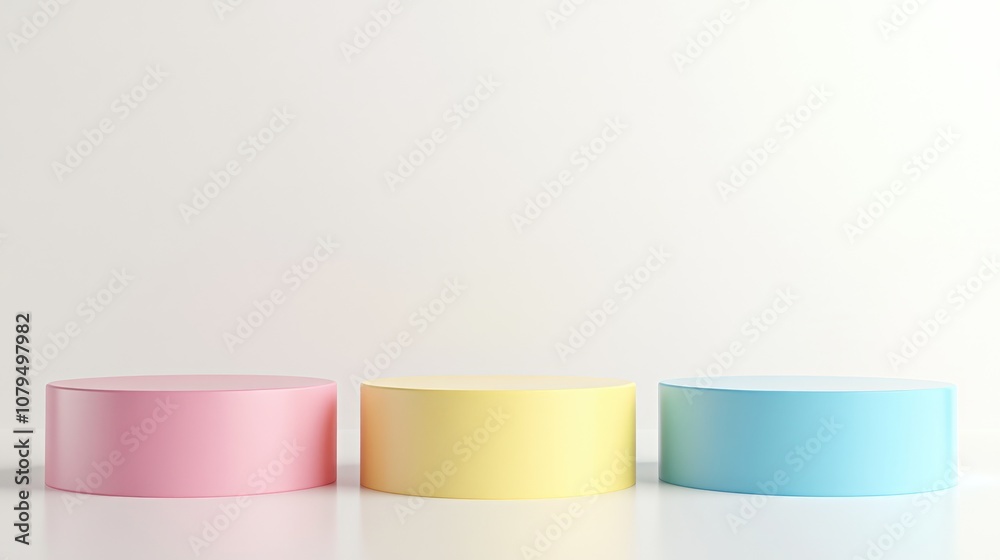 Poster 3d rendering of three podiums in pink blue and yellow arranged for product display on a bright white