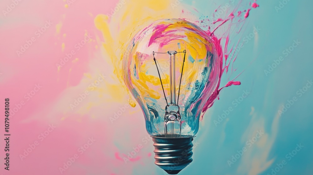 Poster abstract lightbulb featuring dynamic splashes of pastel pink yellow and blue paint representing crea