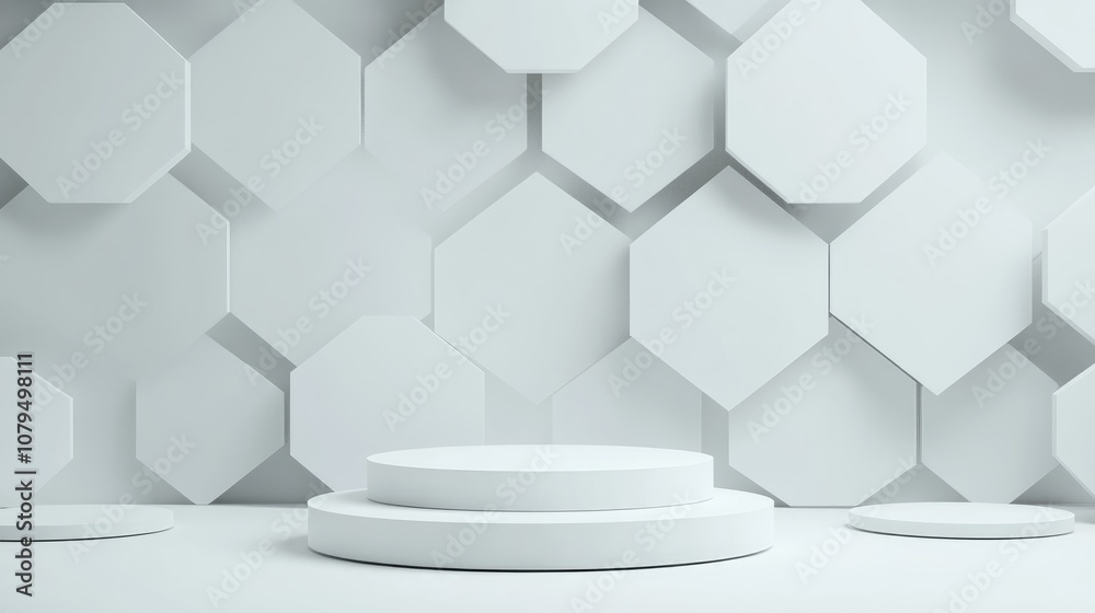 Aufkleber Minimalistic studio background featuring a 3D white and gray hexagon podium Abstract geometric shape illustration for showcasing beauty and cosmetics products
