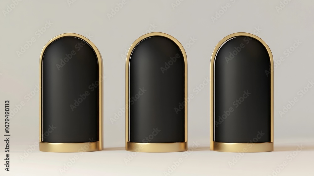 Poster Three empty black stands adorned with gold against a white background 3D rendering Illustrations for promotional use Abstract minimal concept