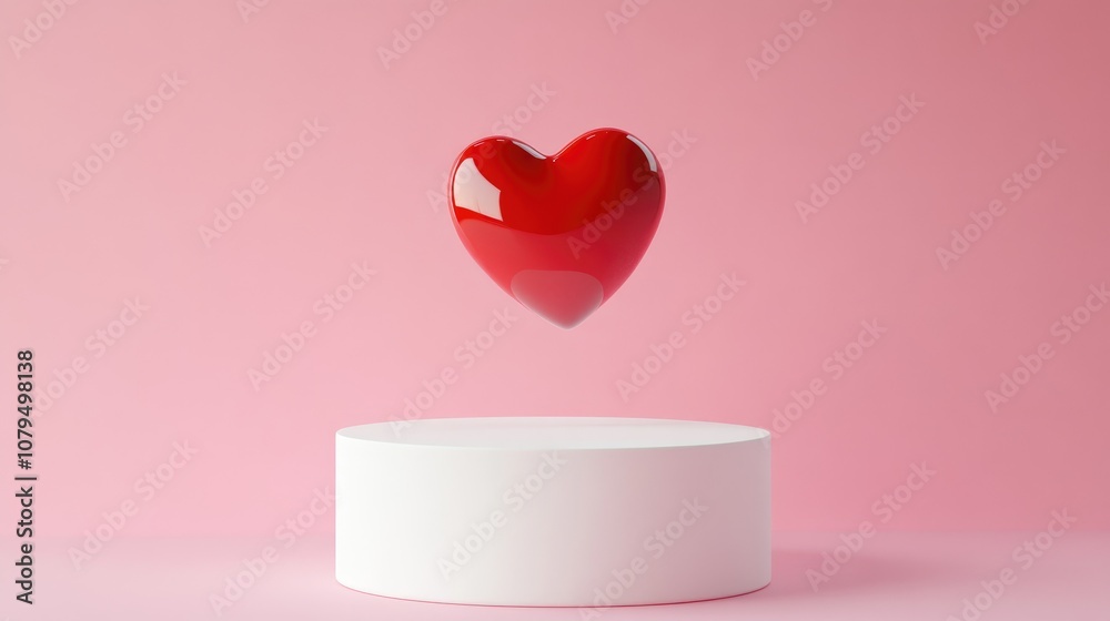 Poster 3D rendering of a red heart floating above a white cylindrical podium set against a pink background for a romantic theme