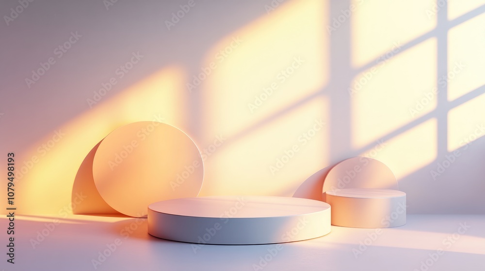 Fototapete 3d rendered cylinder podium on the floor with geometric shapes serving as platforms for product pres