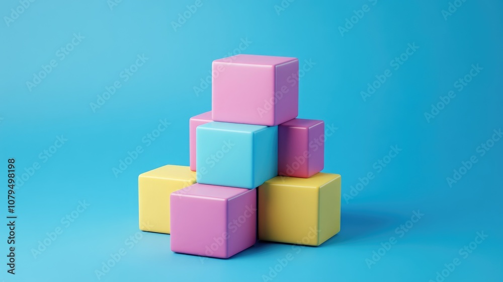 Poster vibrant pastel colored boxes on a bright blue backdrop minimalistic design 3d rendering