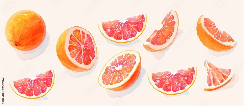 Poster pink orange or grapefruit with slices isolated on white background