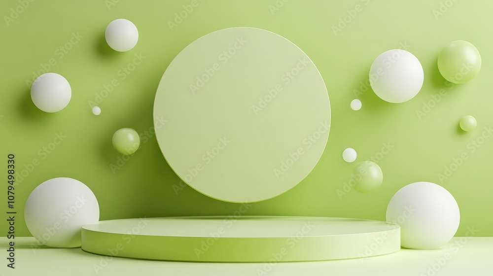 Poster 3d minimalist green podium with abstract geometric shapes background for product display