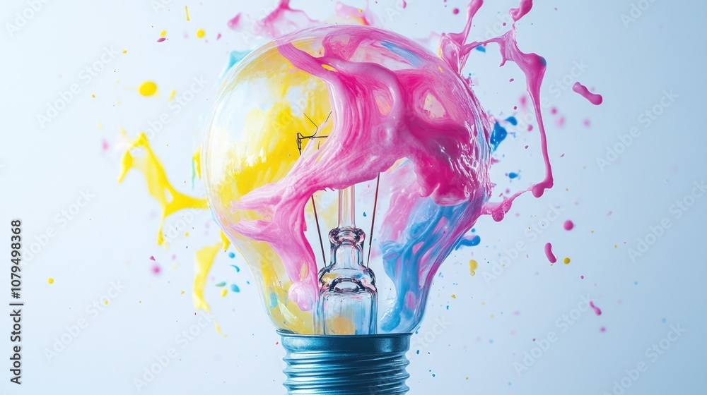 Poster abstract lightbulb featuring dynamic splashes of pastel pink yellow and blue paint representing crea