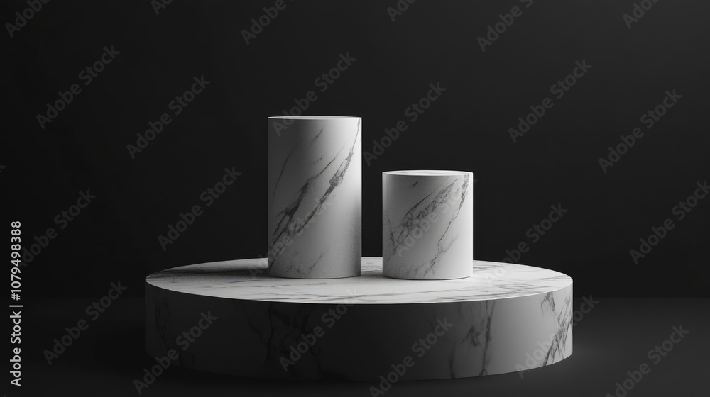 Poster 3d rendering of a white marble pedestal set against a dark backdrop featuring three cylindrical bloc
