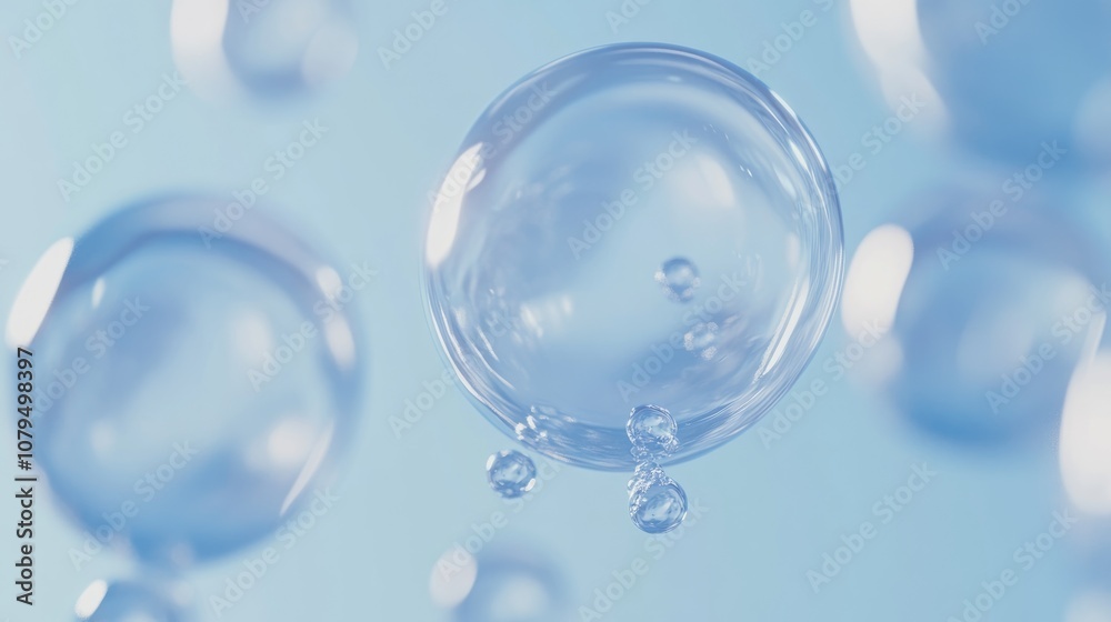 Poster three dimensional bubbles are ascending against a blue backdrop resembling bubbles surfacing in wate