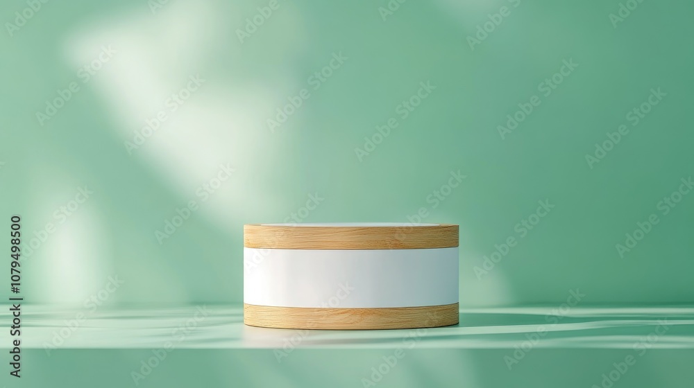 Poster 3d rendered image of a white and wooden podium set against a green backdrop for product display adve