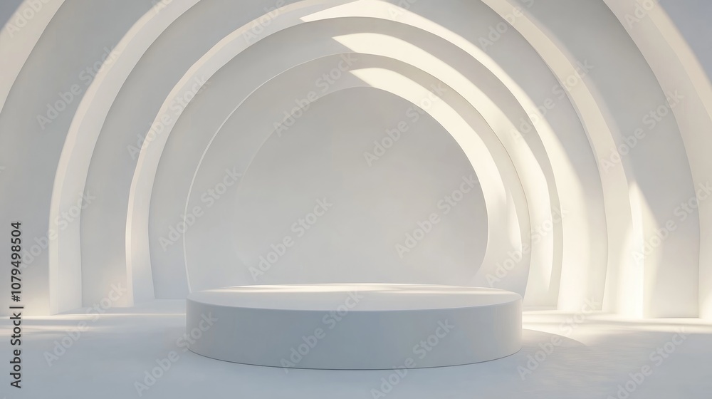 Fototapete White podium with geometric shape on a white background designed for product display 3D rendering