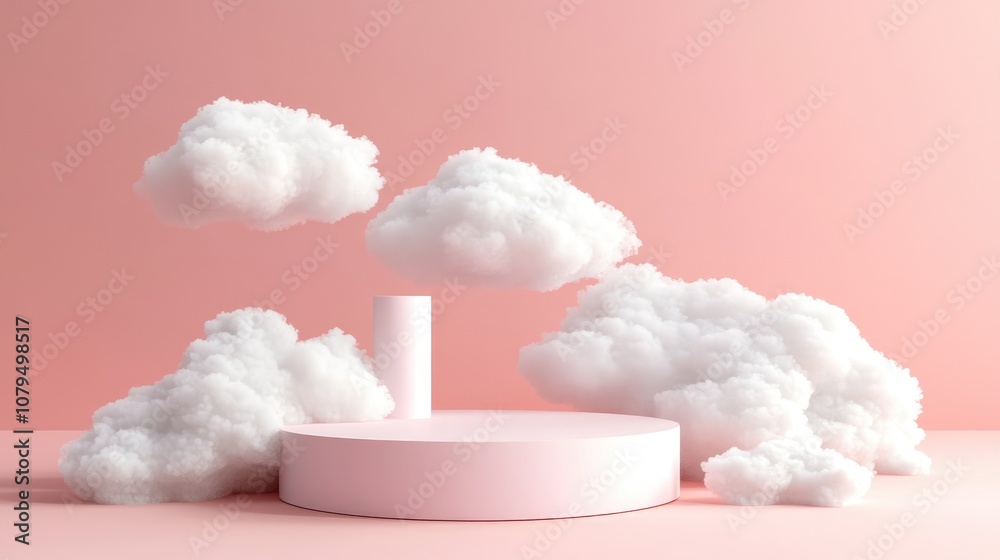 Poster 3D rendering of a minimal podium scene featuring clouds against a pink pastel background showcasing an abstract platform with a cylindrical display stand