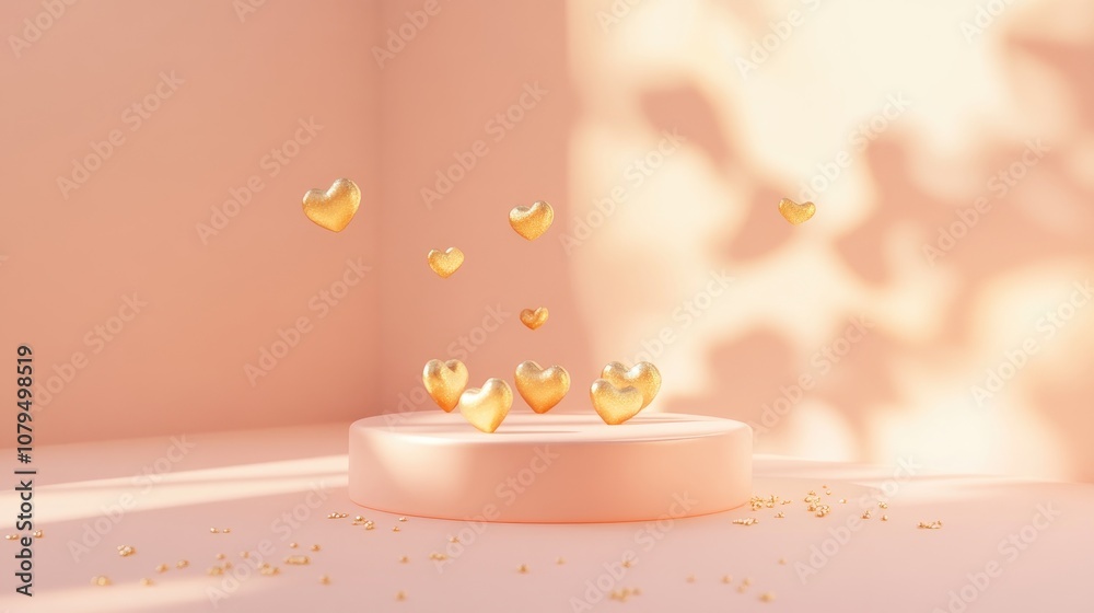 Poster realistic 3d rendering of a podium featuring golden hearts on a soft pastel peach backdrop
