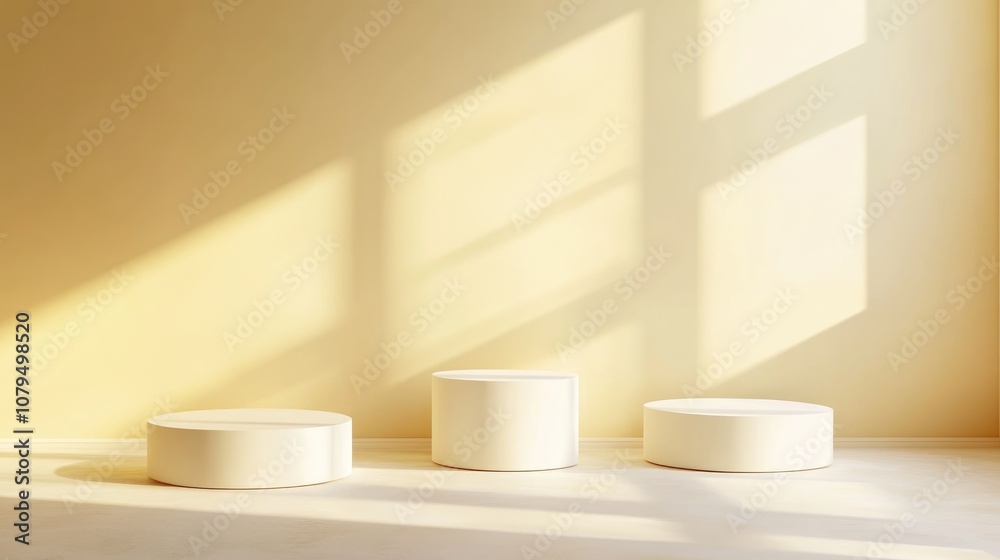 Aufkleber Simple Minimalist Composition of Three White Podiums for Product Presentation Geometric Shapes in 3D Rendering with a Pastel Light Yellow Background and Natural Light Coming from the Right Side