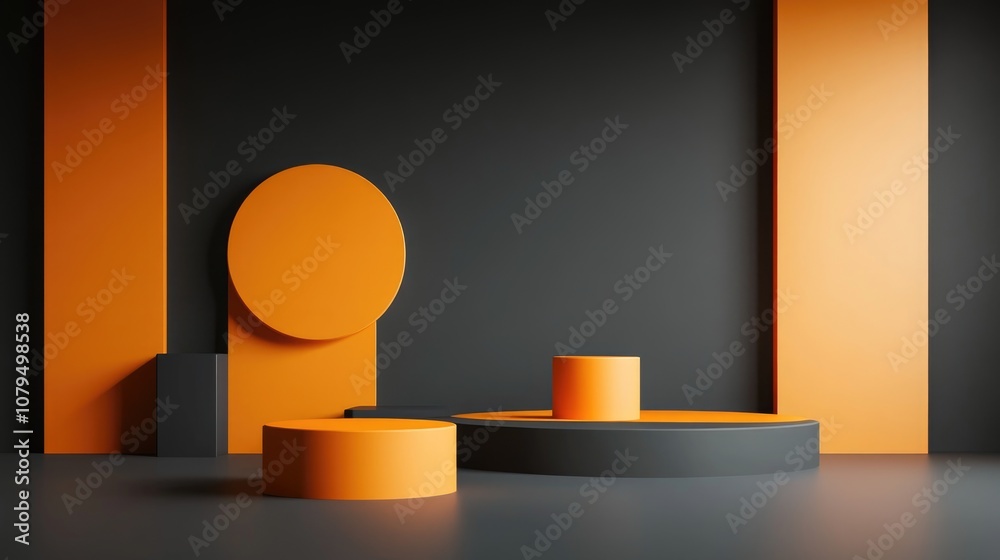 Fototapete 3D rendered abstract background featuring geometric shapes and a podium for product presentation showcasing a minimalistic design with a group of orange elements