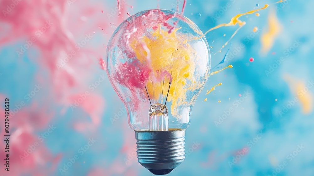 Poster abstract lightbulb featuring dynamic splashes of pastel pink yellow and blue paint representing crea