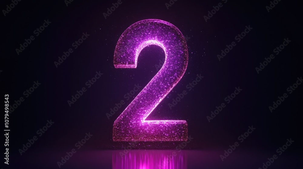 Poster Glowing purple numeral two on a dark background Digital representation of the number two with vibrant illumination
