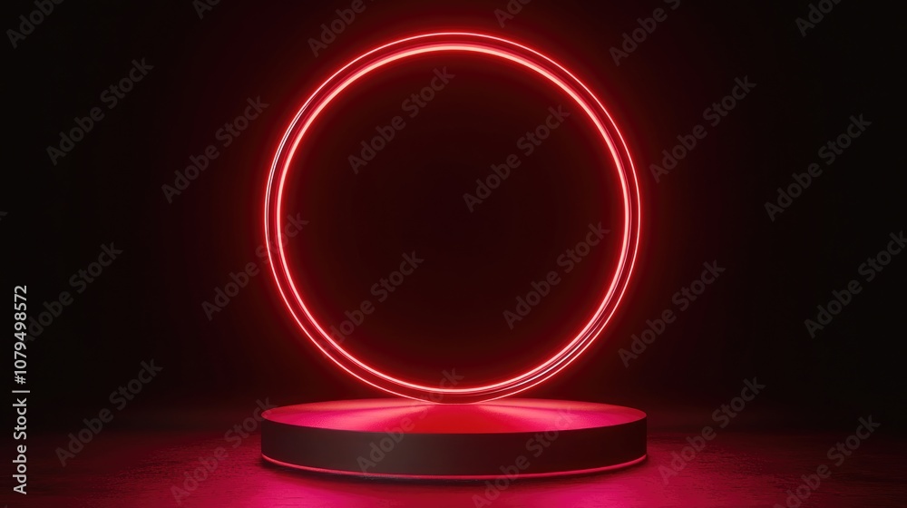 Aufkleber Red realistic 3D cylinder podium with glowing neon circular design Abstract geometric rendering Minimalist scene for product display and showcase