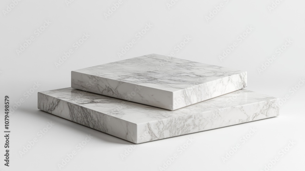 Poster 3D rendering of overlapping square marble pedestals designed for product displays on a white floor The podium is suitable for advertising and features a minimalist style against a white background