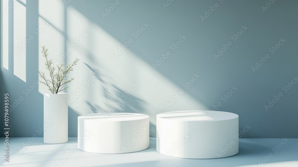 Poster Abstract gradient gray background featuring modern minimalist white cylinder pedestals designed for product display 3D rendering