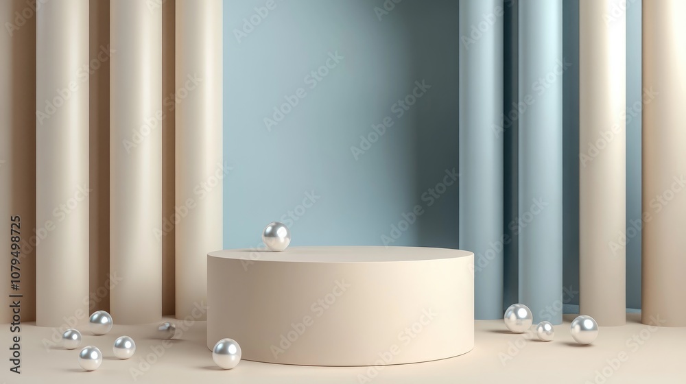Poster 3d rendering of a cylindrical podium template with pearls set against a beige and grey blue backgrou