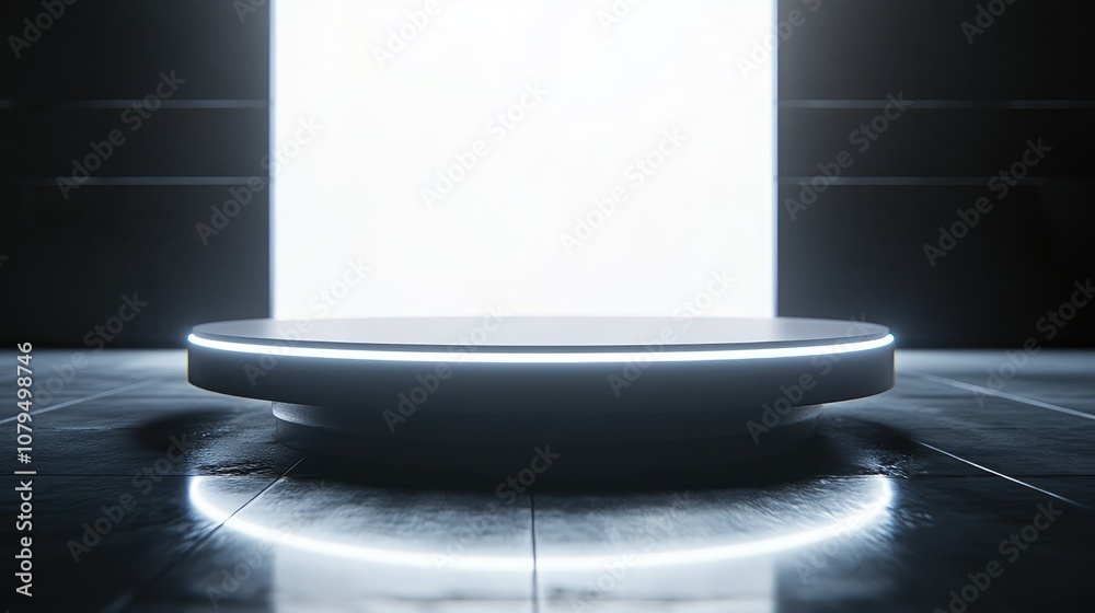 Aufkleber futuristic pedestal display stand for products white neon illumination 3d rendered image blurred ref
