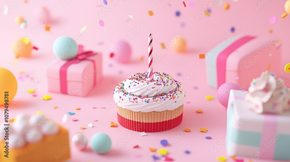 Poster 3d rendering of a festive popper gift box cake and confetti on a pastel themed banner background wit