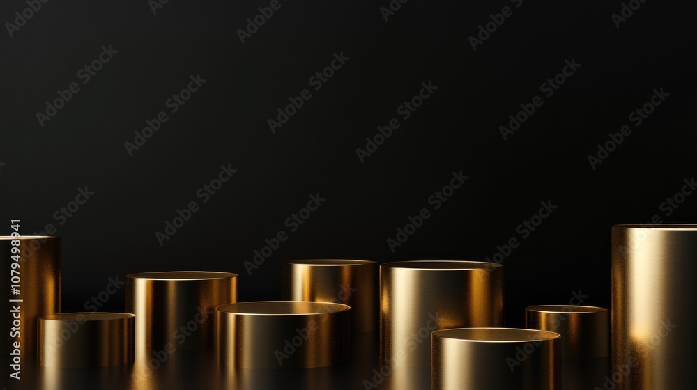 Poster minimalist abstract composition featuring golden cylindrical podiums against a black backdrop 3d ren